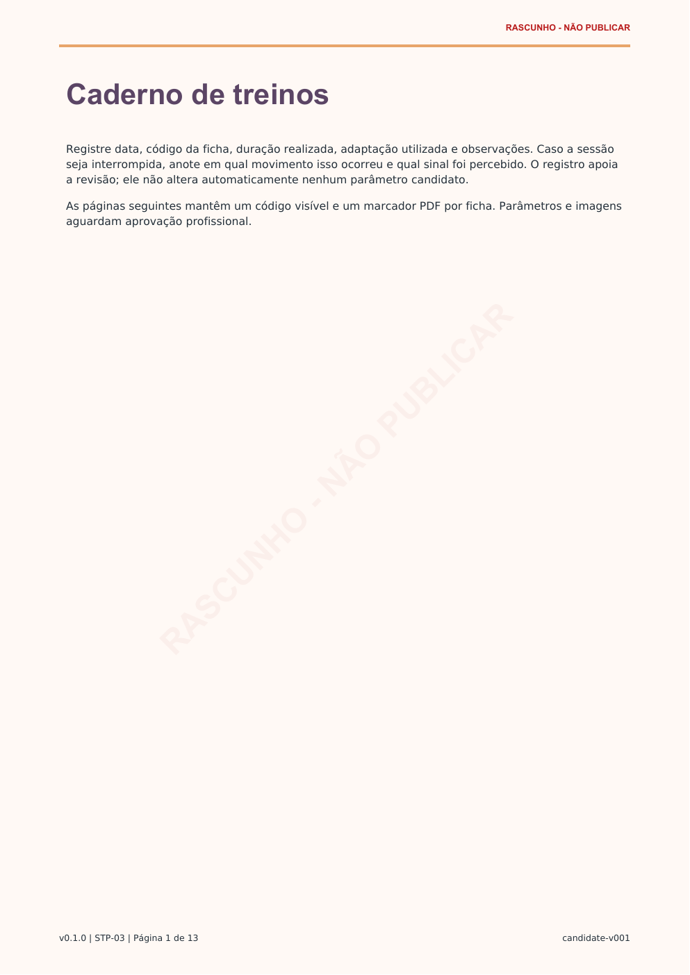 Página de exemplo do Caderno de treinos